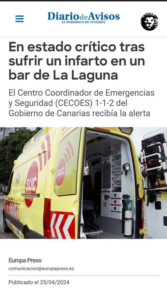 🚨🚨 Nueva #repentinitis Canaria: hombre en estado crítico tras sufrir un infarto en un bar de La Laguna (a las 15:45)‼️ 💔 Parada cardiorrespiratoria a los 53 años La que está liando el turismo 😷🐑 💉 Seguro que las vacunas no han tenido nada que ver Gracias @subversivo90