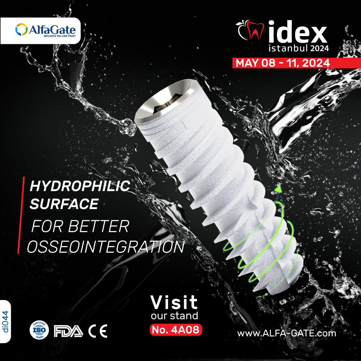 𝐂𝐡𝐞𝐜𝐤 𝐨𝐮𝐭 our bioactive implant with hydrophilic surface technology 𝐚𝐭 𝐛𝐨𝐨𝐭𝐡 𝟒𝐀𝟎𝟖 𝐟𝐫𝐨𝐦 𝐌𝐚𝐲 𝟖𝐭𝐡 𝐭𝐨 𝟏𝟏𝐭𝐡 𝐝𝐮𝐫𝐢𝐧𝐠 𝐈𝐃𝐄𝐗 𝐓𝐮𝐫𝐤𝐞𝐲. It attracts stem cells for better osseointegration. Perfect for implantologists and dentists.