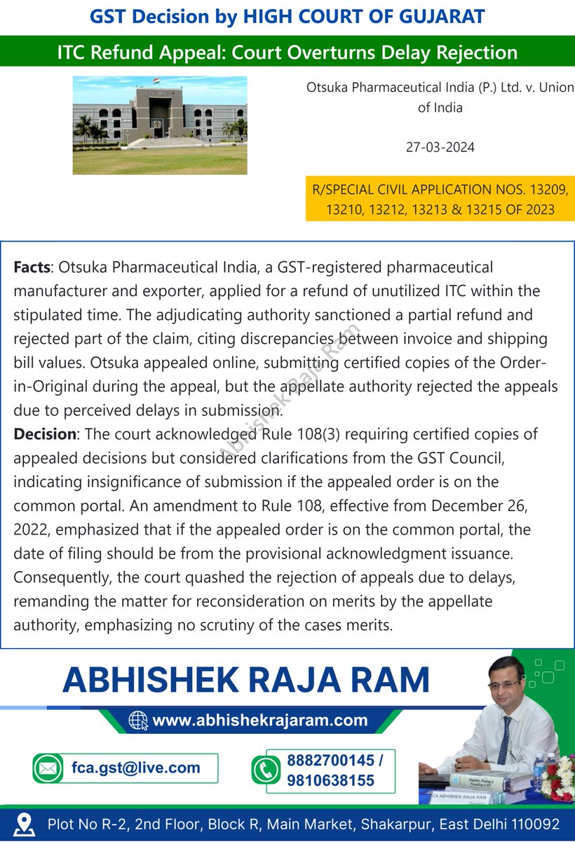 Title: Otsuka Pharmaceutical India (P) Ltd V. union of India
Court: Gujarat High court 
Date:- 27 Mar. 2024
Citation no : R/SPECIAL CIVIL APPLICATION NOS. 13209, 13210, 13212, 13213 & 13215 OF 2023

#CGST #Gujarathighcourt #caselaw