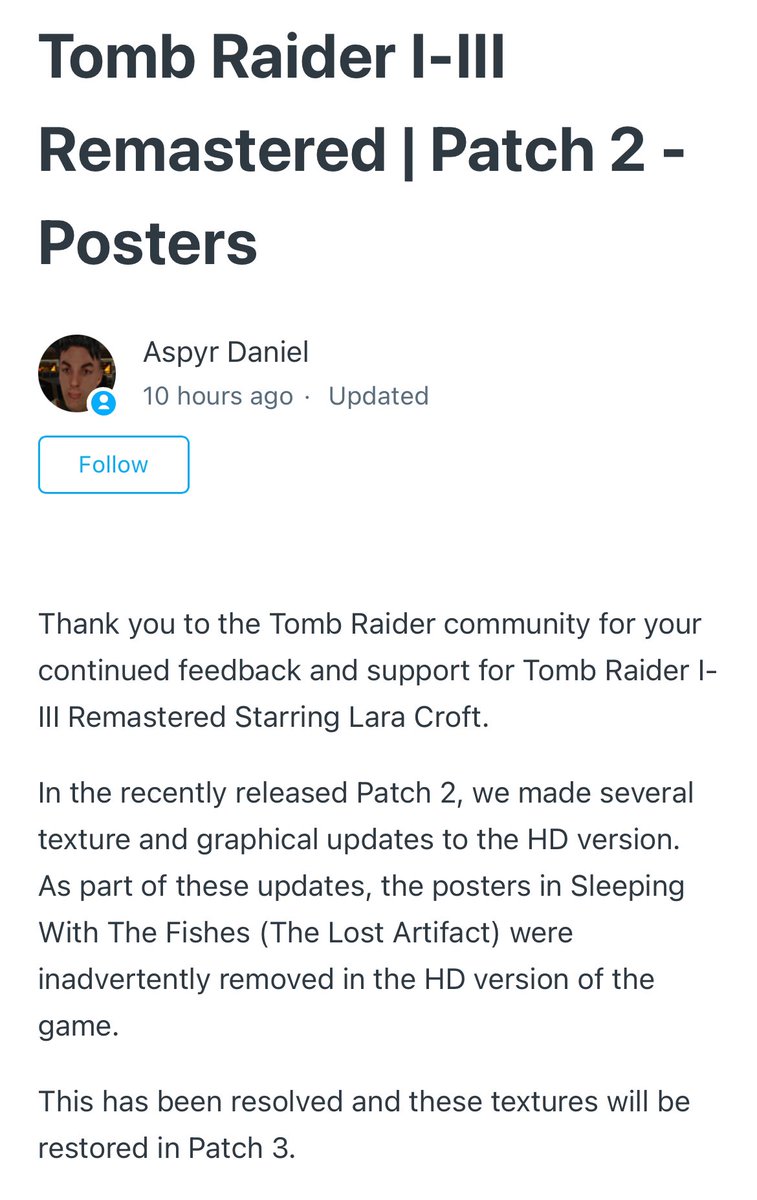 This also answers the question “will there be another patch?” #TombRaiderRemastered