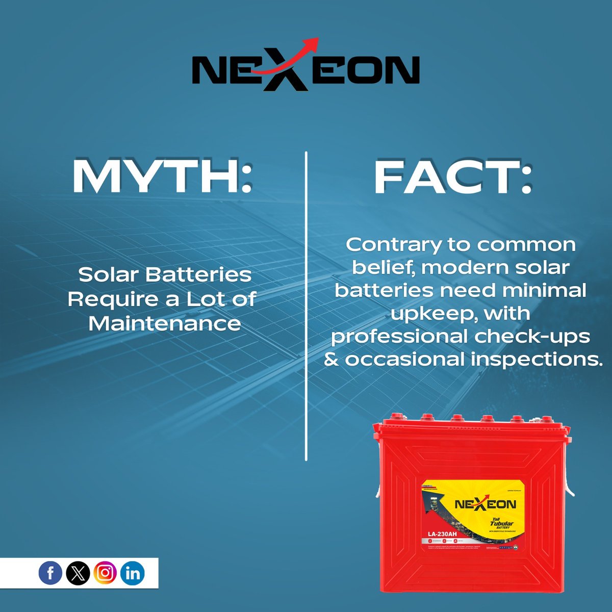 Solar batteries are efficient and low-maintenance, unlike the myth that they require constant upkeep. Enjoy reliable power storage with minimal effort.

#NexeonBattery #Battery #SolarBattery #TallTubularBattery #Myth #MythBusting #Fact #MythVsFact #BatteryManufacturer #Nigeria