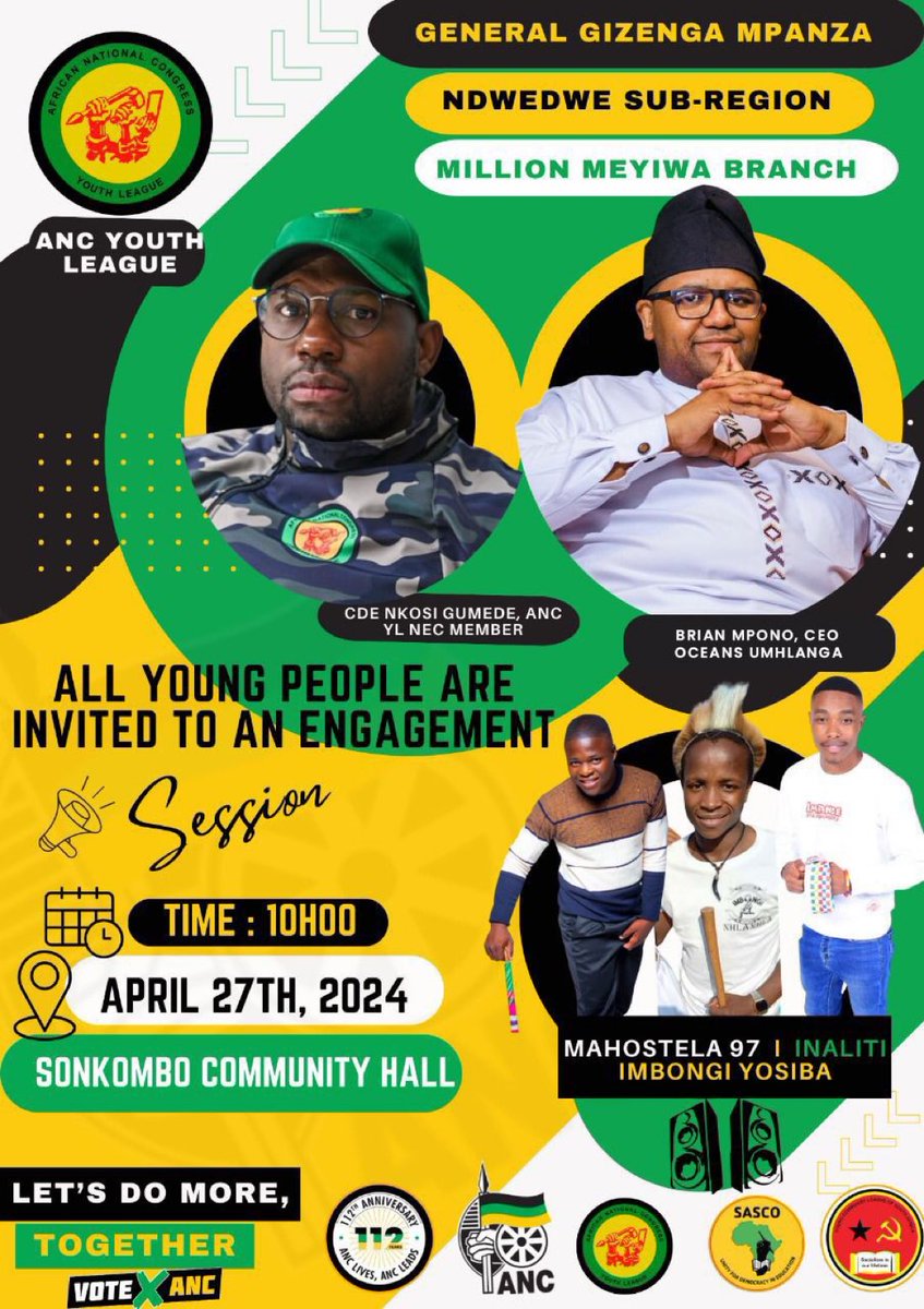 Calling all youth! Come to Sonkombo Community Hall at 10am to share your ideas and make a positive impact on our nation's future. #ANCComeDuze #FreedomDay