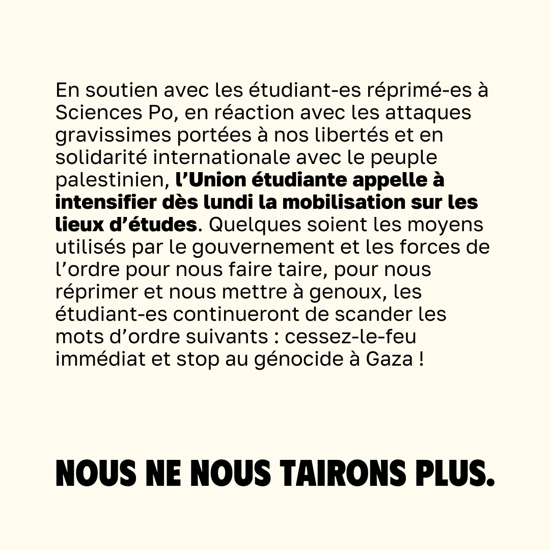 unionetudiante_'s tweet photo. 🔴 À Sciences Po comme partout en France : l'Union étudiante appelle les étudiant•es à se soulever contre la répression et pour la paix à Gaza !

Nous ne nous tairons plus.

Retrouvez notre communiqué ⤵️ https://t.co/kiAgyEQ199