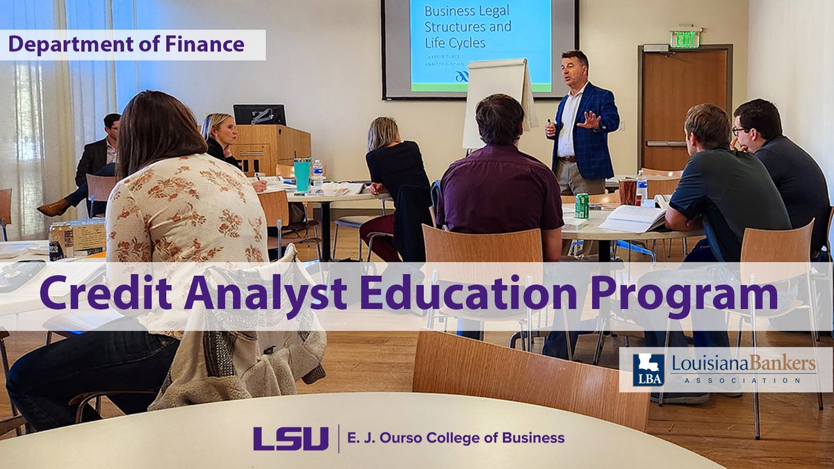 Registration open for LSU Finance Dept. & Louisiana Bankers Assoc. Credit Analyst Program, Sept. 2024-Mar. 2025. Monthly 2-day sessions on underwriting & lending, plus networking with a graduation event in May 2025. More info and registration: lsu.edu/business/finan… .