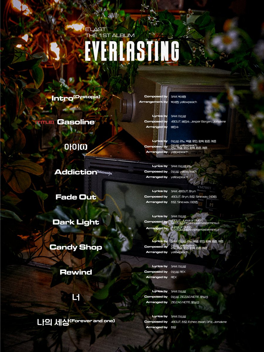 E'LAST
⠀
THE 1ST ALBUM
[EVERLASTING]
⠀
💥TRACK LIST💥
⠀
🛢 2024.05.02 18:00 (KST)
⠀
#ELAST #엘라스트 #エラスト 
#EVERLASTING