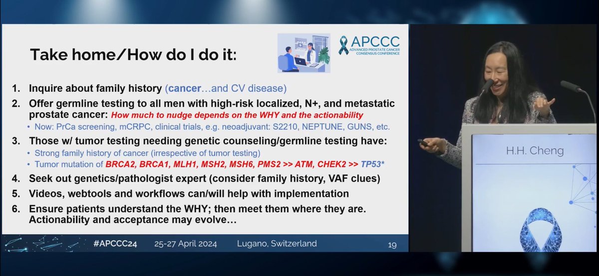 Amazing lecture on the prevalence & actionability of germline mutations in #prostatecancer as well as the importance of discussing family history with patients -@heatherhcheng #apccc24