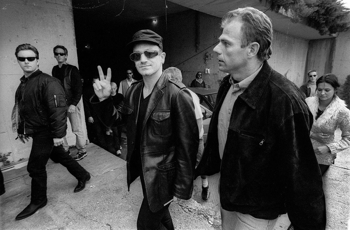 Bono arrives in Sarajevo for the Popmart show there in September, 1997.