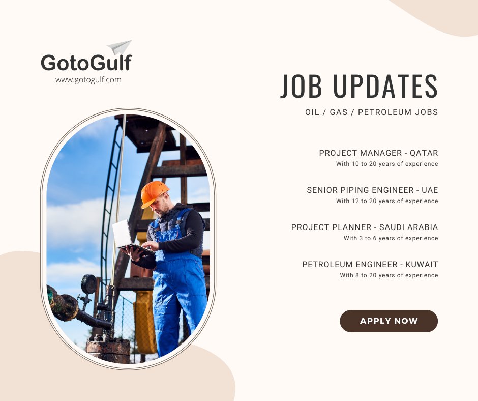 Click on the below link to apply for the job vacancies,
gotogulf.com/PublicSearchVi…

#gotogulf #jobs #middleeast #jobseeker #recruitment #oil #gas #petroleum #engineer #piping #project #managear #planner #kuwait #saudiarabia #uae #unitedarabemirates #qatar