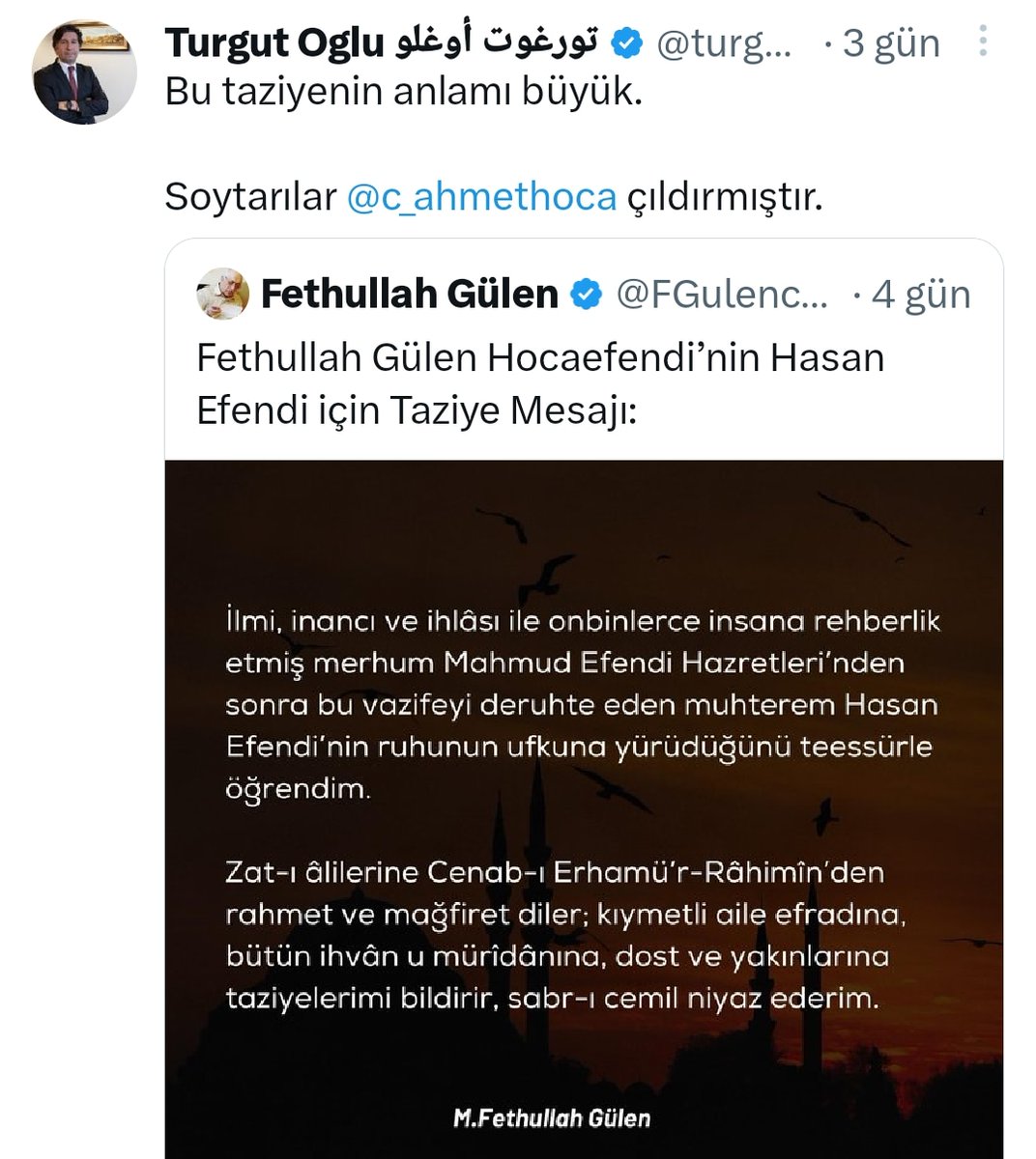 Fetö'nün baş Pzvg. Hasan efendi için taziye mesajı gönderiyor, Onun Katolog p!nç'leri Cübbeli Hocaya saldırıyor. Başka söze hacet var mı?