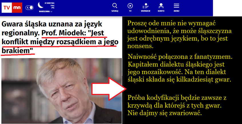 @Jowita_W @AndrzejDuda Prof. Miodek: - 
✅Myślący Ślązak miał zawsze oficjalną odmianę swojej mowy regionalnej i tą oficjalną odmianą była polszczyzna ogólna.   
Tak było przez wieki i tak jest dziś'