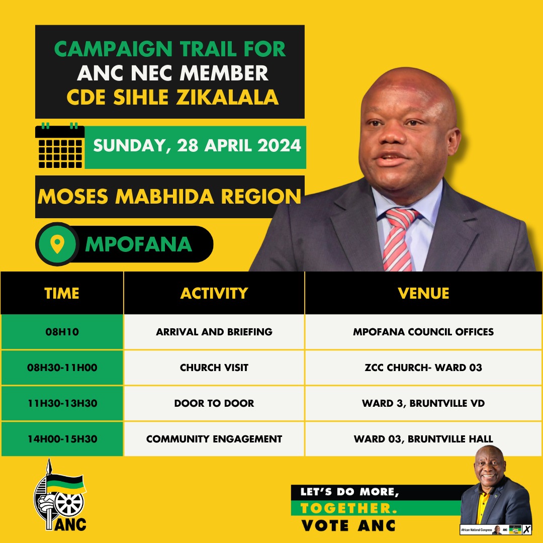 CAMPAIGN TRAIL 🖤💚💛 On Sunday, 28 April 2024, we will be having a church visit, door-to-door, and a community engagement in @myANC's Moses Mabhida Region, Mpofana Ward 3, in KwaZulu Natal @ANCKZN. #VoteANC2024 #LetsDoMoreTogether