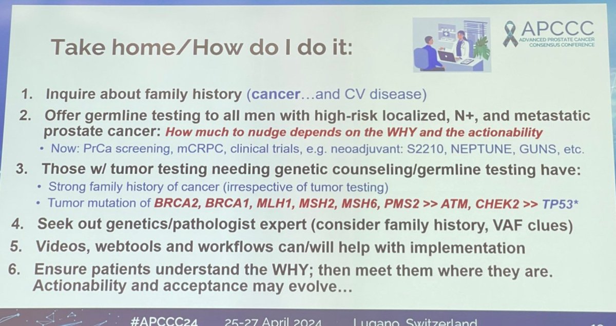 💫🌟At #APCCC24, Dr. Heather H. Cheng shares her approach to germline testing in prostate cancer: #APCCC24 @APCCC_Lugano @OncoAlert @Silke_Gillessen @AOmlin 👨‍👩‍👧‍👦 Always start with a thorough family history. 🧬 Recommend germline testing for high-risk localized, N+, and metastatic…