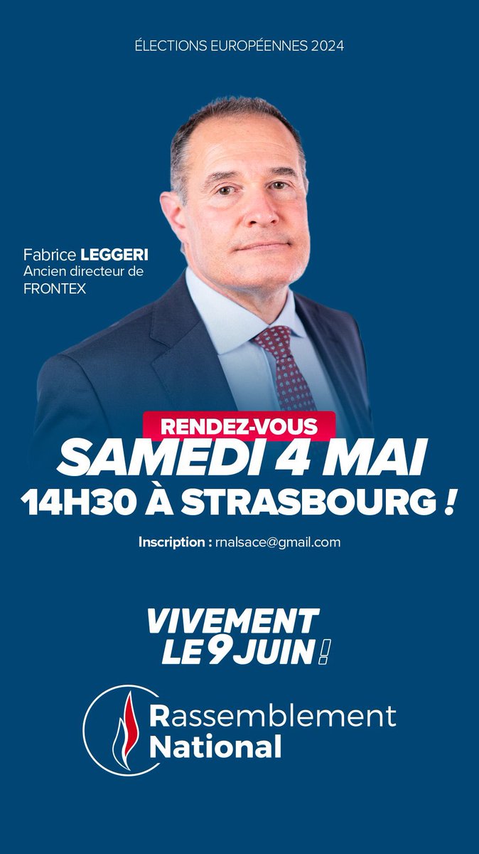 ✅Rdv le 4 mai à #Strasbourg avec @FabriceLeggeri ancien directeur de Frontex et aujourd’hui poursuivi par les ONG complices des passeurs. #soutientotal 

➡️Inscription rnalsace@gmail.com