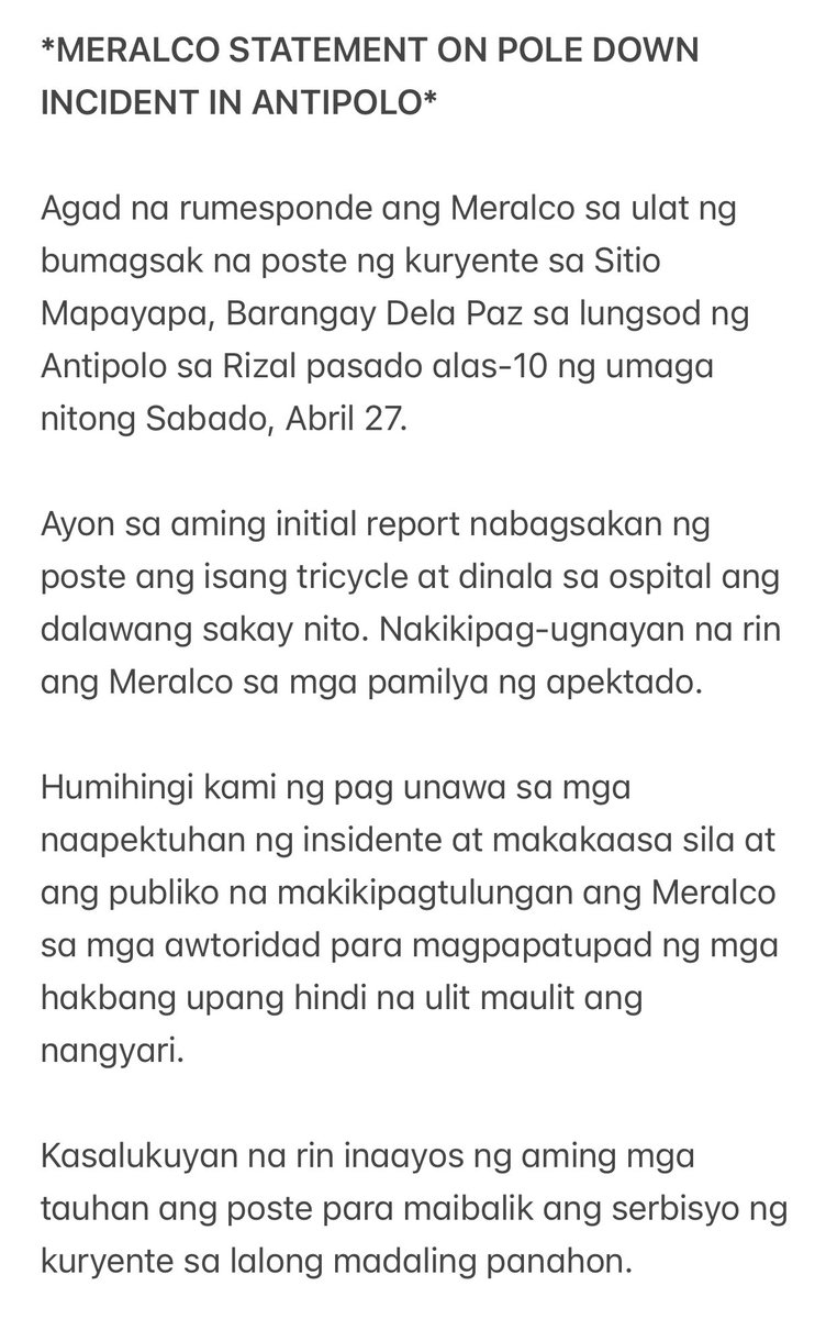 READ: Opisyal na pahayag ng @meralco kaugnay sa pagbagsak ng poste ng kuryente sa Brgy. Dela Paz, Antipolo City kaninang umaga @dzbb