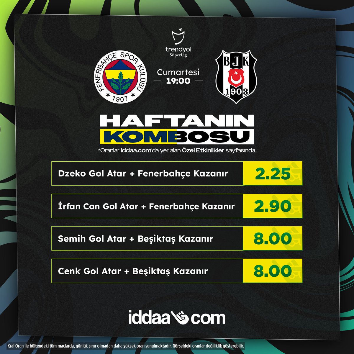 🚨Fenerbahçe - Beşiktaş derbisinde Haftanın Kombosu'nu kaçırma! 📲Haftanın Kombosu iddaa.com'da yer alan Özel Etkinlikler sayfasında. #FBvBJK