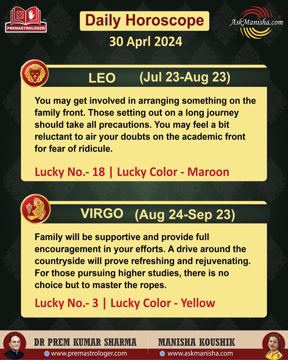 Daily Horoscope 30-April-2024 Horoscope is based on Sun sign.  Reach us at +919650015920 wa.me/919650015920Re… More: askmanisha.com/daily-horoscope #aries #taurus #gemini #cancer #leo #virgo #askmanisha