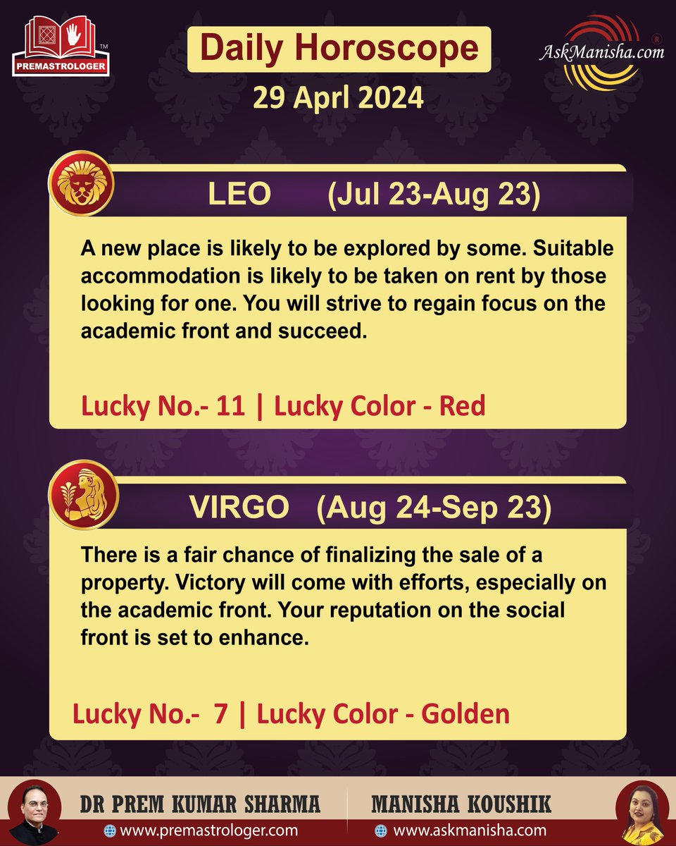Daily Horoscope 29-April-2024 Horoscope is based on Sun sign.  Reach us at +919650015920 wa.me/919650015920Re… More: askmanisha.com/daily-horoscope #aries #taurus #gemini #cancer #leo #virgo #askmanisha