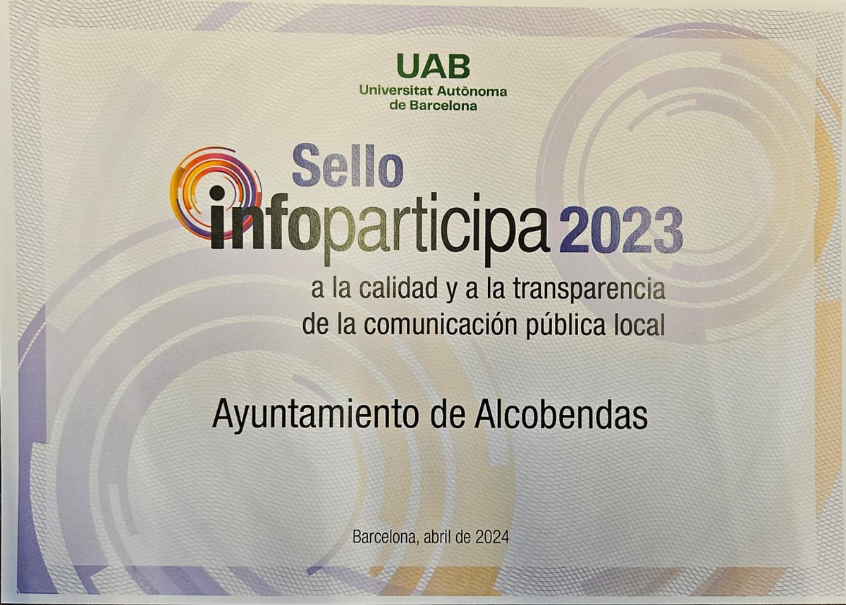 El pasado 23 de abril, el Ayuntamiento de #Alcobendas revalidó el sello Infoparticipa en #transparencia con la máxima puntuación.
alcobendas.org/es/ayuntamient…