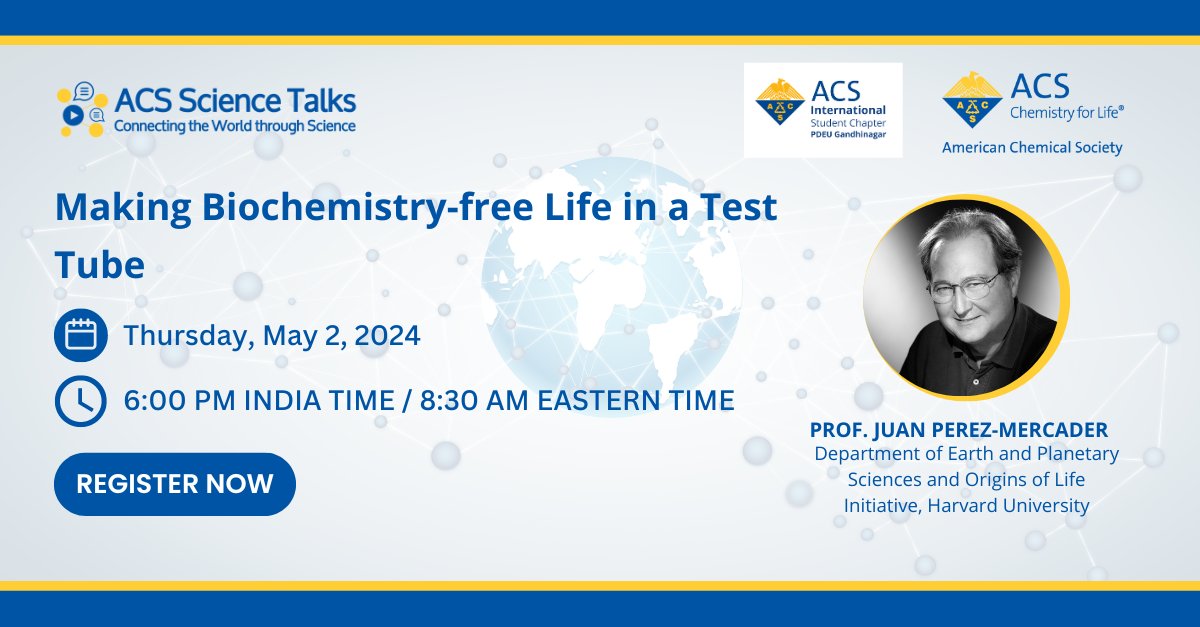 AmerChemSociety's tweet image. Don&apos;t miss our next FREE #ACSScienceTalks virtual lecture 💻 featuring Prof Juan Perez-Mercader from @Harvard discussing, &quot;Making Biochemistry-free Life in a Test Tube.&quot; Register now at brnw.ch/21wJetF #Chemistry #ChemTwitter #BioChemistry
