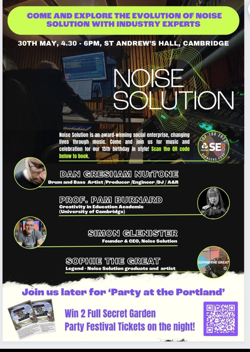 Part 1 to 30th May ‘Noise Solution’ celebrations starts at 4.30 St Andrews Hall cambridge and Part 2 moves on to the iconic Portland Arms venue! Can’t wait Simon Glenister