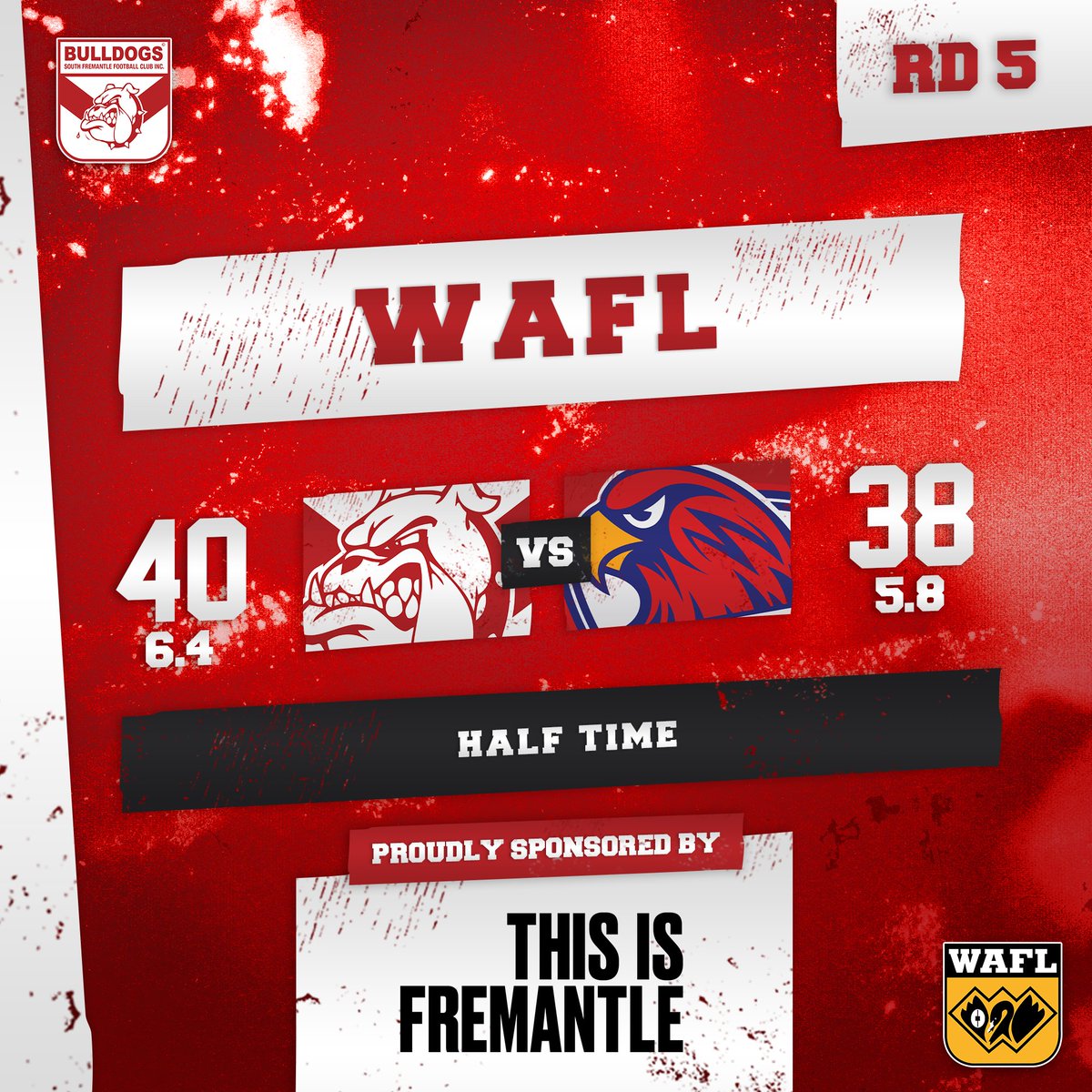 HALF TIME 🔴⚪ South Fremantle now clinging to a narrow 6.4 (40) to 5.8 (38) lead over West Perth at the main break at Joondalup.

Dylan Main with 3 goals and Haiden Schloithe 17 disposals, Chad Pearson 14, Tom Blechynden 13, Isiah Winder 13.