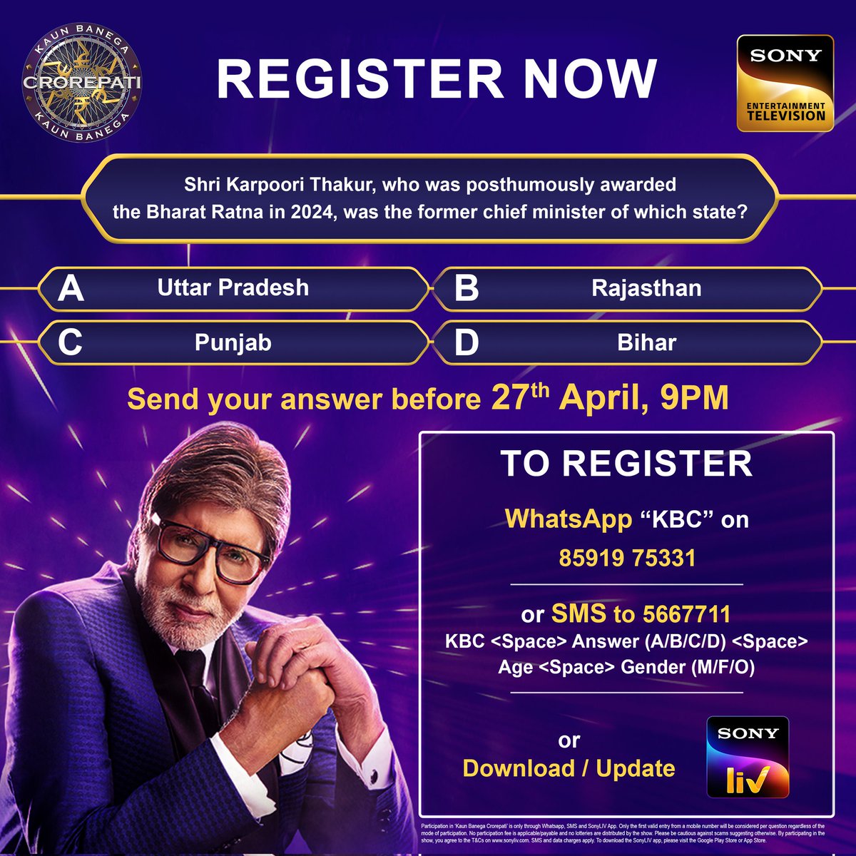 Here is the first question to register for KBC! To register for KBC, you need to send your answer before tonight, 9 pm Modes of registration - Whatsapp 'KBC' on 8591975331 OR SMS to 5667711 KBC <space> Answer (A/B/C/D) <space> Age <space> Gender (M/F/O) OR Download/Update…