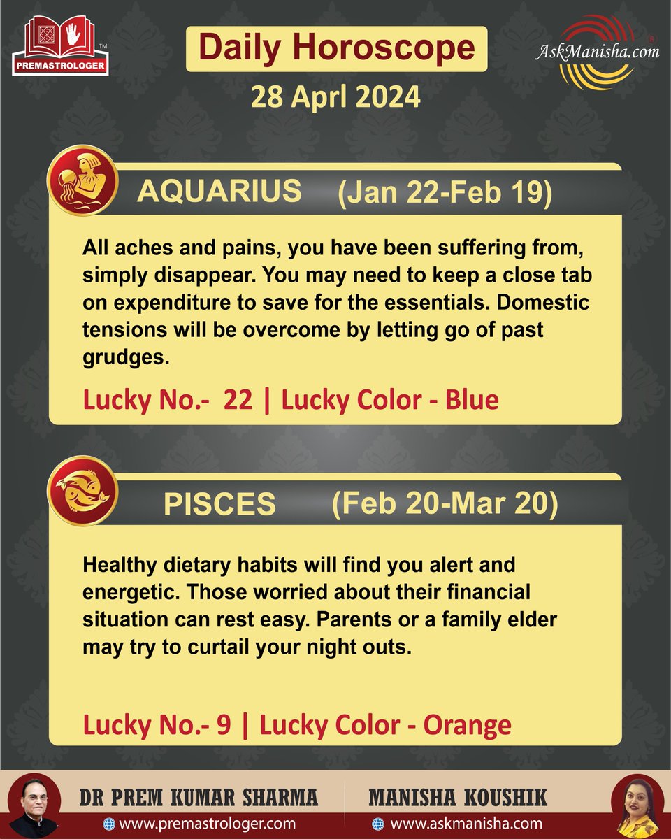 Daily Horoscope 28-April-2024 Horoscope is based on Sun sign.  Reach us at +919650015920 wa.me/919650015920Re… More: askmanisha.com/daily-horoscope #libra #scorpio #sagittarius #capricorn #aquarius #pisces #askmanisha