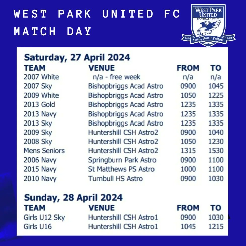 A packed home schedule this weekend for West Park United FC teams in #Bishopbriggs. Good luck to everyone! #letthemplay