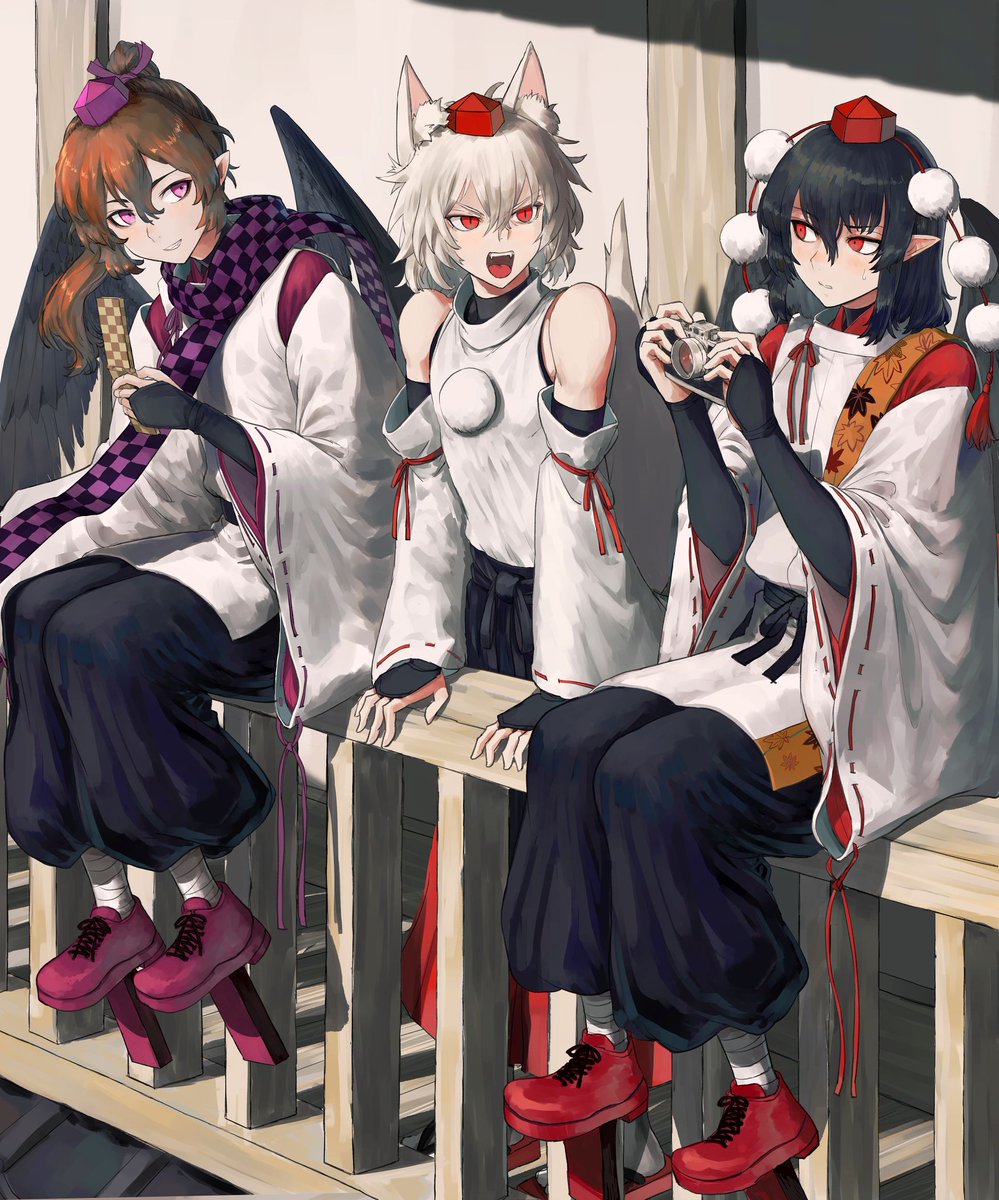 himekaidou hatate ,inubashiri momiji ,shameimaru aya long hair smile open mouth short hair shirt skirt multiple girls  illustration images