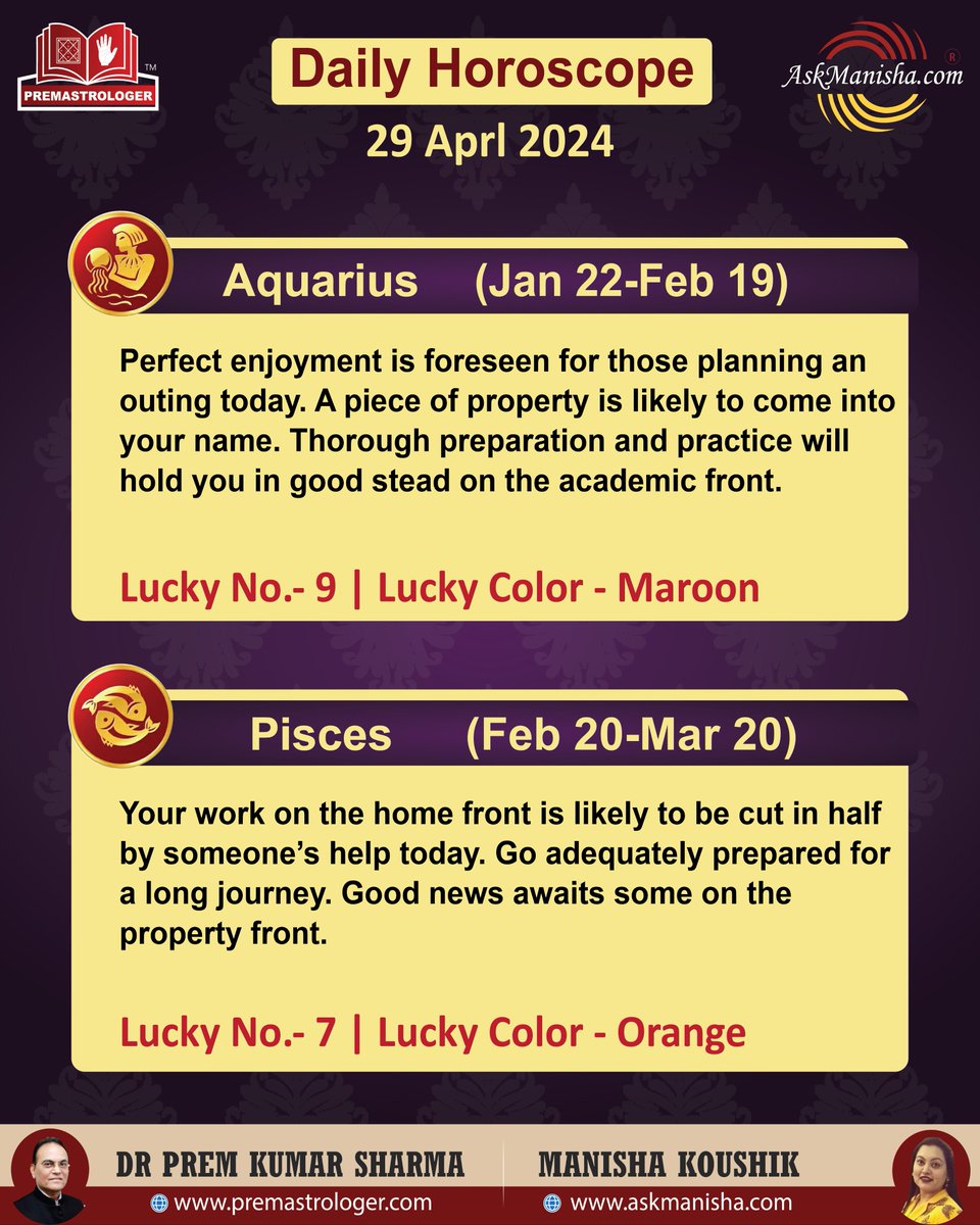 Daily Horoscope 29-April-2024 Horoscope is based on Sun sign.  Reach us at +919650015920 wa.me/919650015920Re… More: askmanisha.com/daily-horoscope #libra #scorpio #sagittarius #capricorn #aquarius #pisces #askmanisha