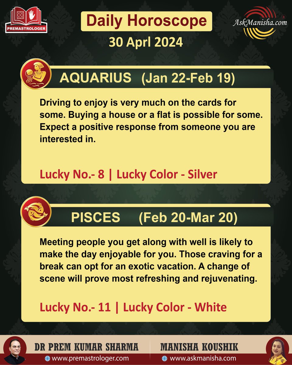 Daily Horoscope 30-April-2024 Horoscope is based on Sun sign.  Reach us at +919650015920 wa.me/919650015920Re… More: askmanisha.com/daily-horoscope #libra #scorpio #sagittarius #capricorn #aquarius #pisces #askmanisha