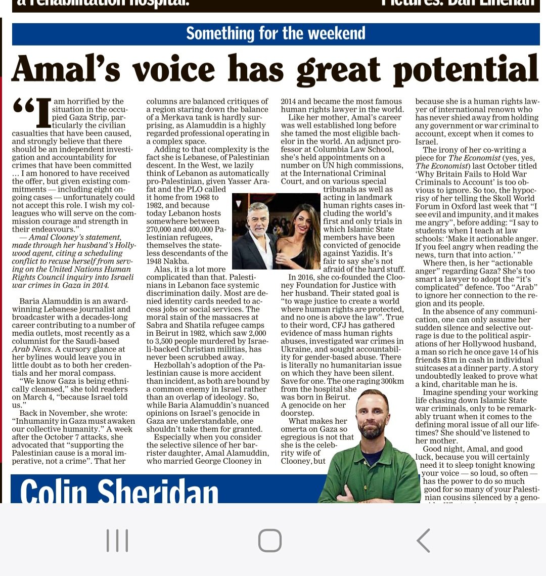 Today in @irishexaminer, some words on the selective silence of Amal Clooney, champion of human rights, unless, of course, those humans are Palestinian