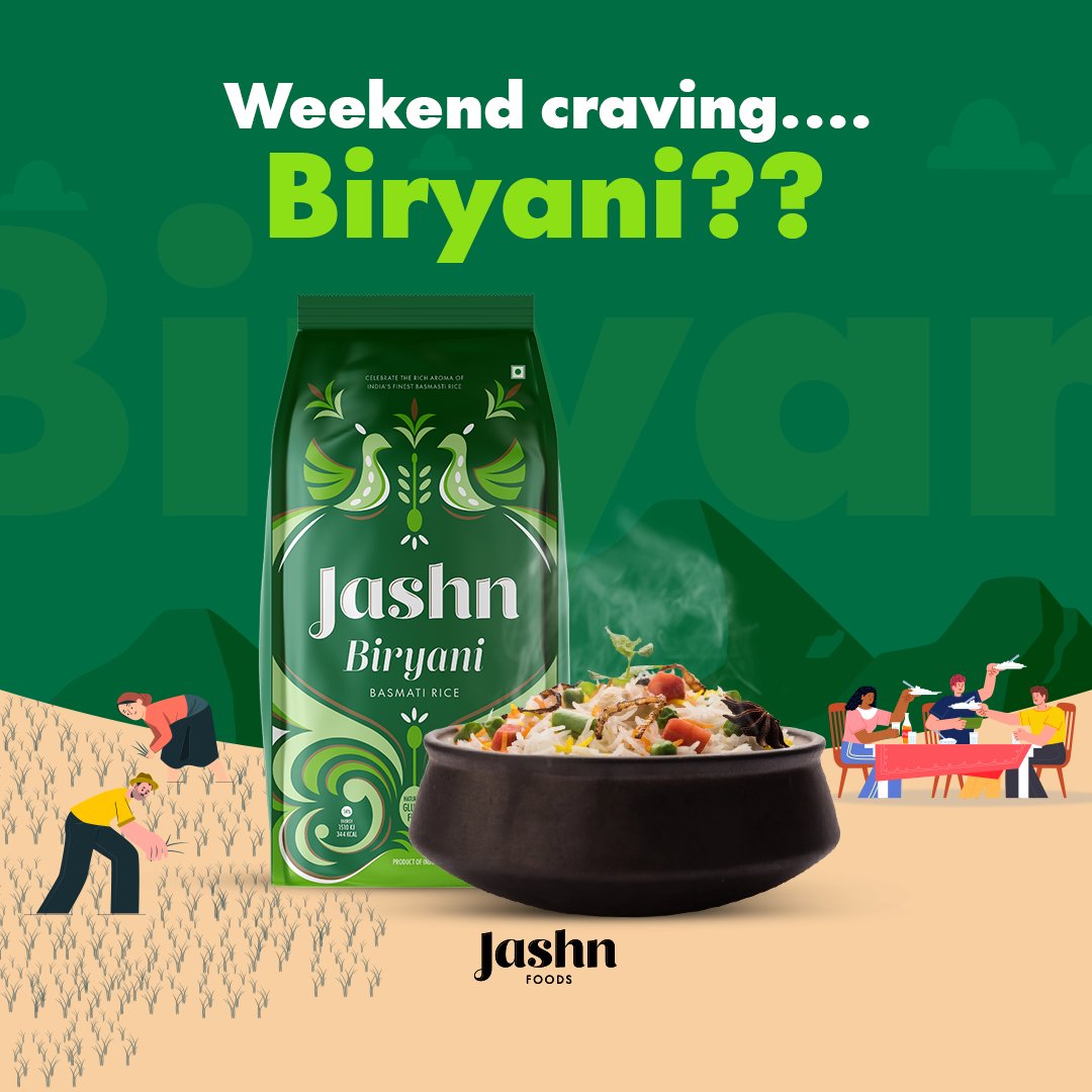 Turn your weekend joy flavourful with delicious biryani prepared using Jashn Biryani Rice!
.
.
#ChaloJashnBanateHai #JashnFoods #TheFinestBasmatiRice #Biryani #Rice #RiceBrand #Brand #BasmatiRice #AromaticRice #Aroma #Basmati #Weekend