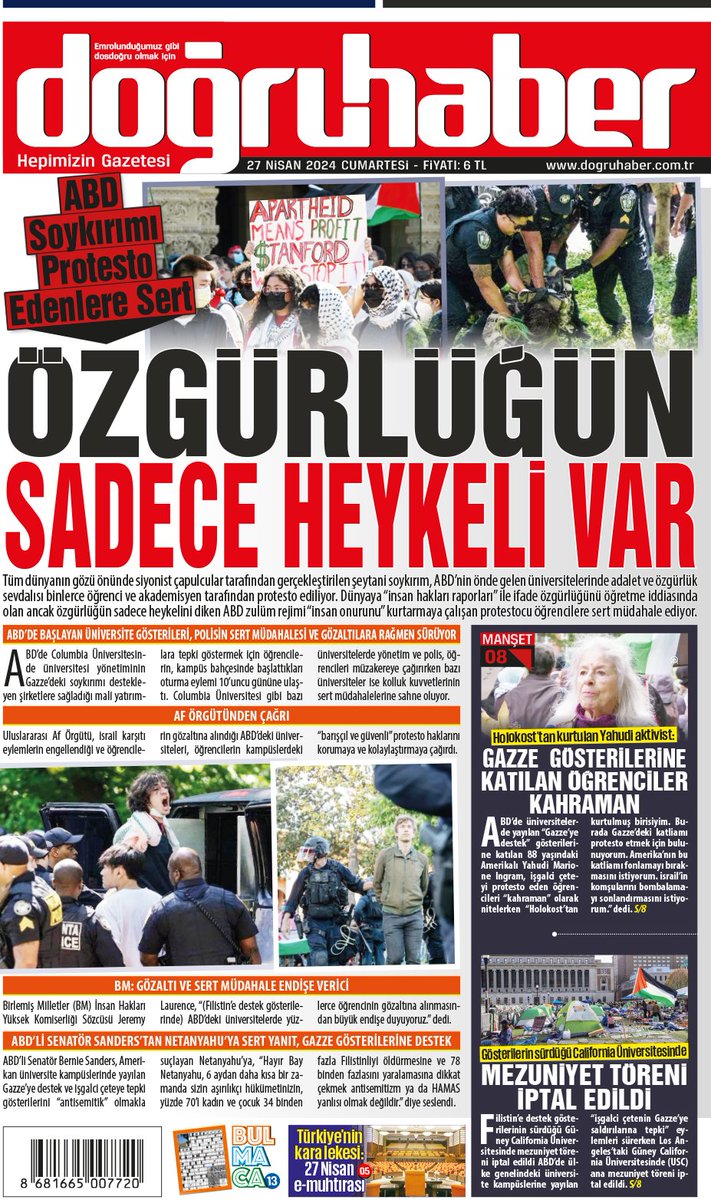 ABD, Soykırımı Protesto Edenlere Sert ÖZGÜRLÜĞÜN SADECE HEYKELİ VAR Dünyaya özgürlük palavraları satan ve özgürlüğün sadece heykelini diken ABD zulüm rejimi “insan onurunu” kurtarmaya çalışan protestocu öğrencilere sert müdahale ediyor. dogruhaber.com.tr/haber/1021086-…