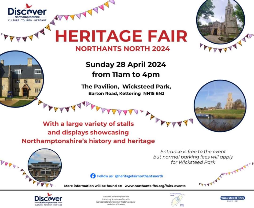 Coming along to the Heritage Fair @WicksteedPark? 
We are delighted to be supporting this event with the Northamptonshire Family History Society😊

#Discovernorthamptonshire #wherenext #loveheritage 

@Explore_WN 
@NNorthantsC 
@WestNorthants 
@RushdenLakesSC  
@ChesterHouse_UK