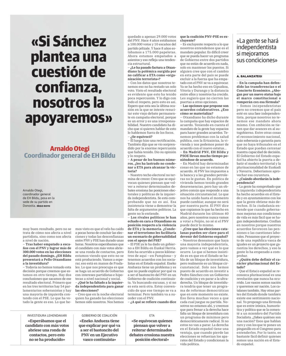 Os dejo la entrevista que me han hecho en @diariovasco. Hablamos de las pasadas elecciones, el Gobierno de Madrid, pactos y muchos otros temas más. Asteburu on!