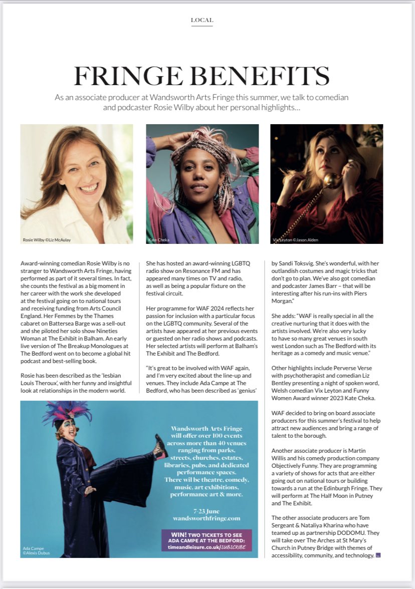 Thanks @tina_lofthouse @timeandleisure for this article previewing my @WAFfringe programme, which includes @AdaCampe @VixLeyton & more. Tickets 🎟️ available now! #wandsworth #comedy