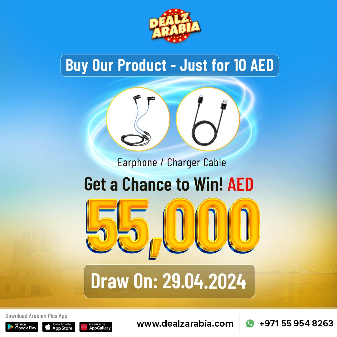 Get a Chance to Win! AED 55,000
Pay Less | Win Big

Install our app now: play.google.com/store/apps/det… 

#DealzArabia #Arabian_Points #livedraw #bigannouncement #win #CashPrizes #raffledraw #earphone #winprizes #dxb #mobilecharger #viralvideo