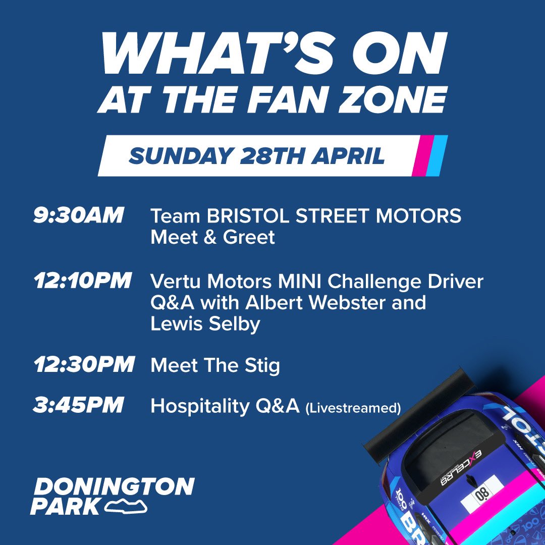 #MeetAtTheStreet  Are you coming to @DoningtonParkUK this weekend? Here’s all the key times you need to know for our #OnTour unit in the Fan Zone📍 We have our incredible @fpzerosim racing simulator for you to try beat the pro, our Piing game is BACK (if you know, you know!),