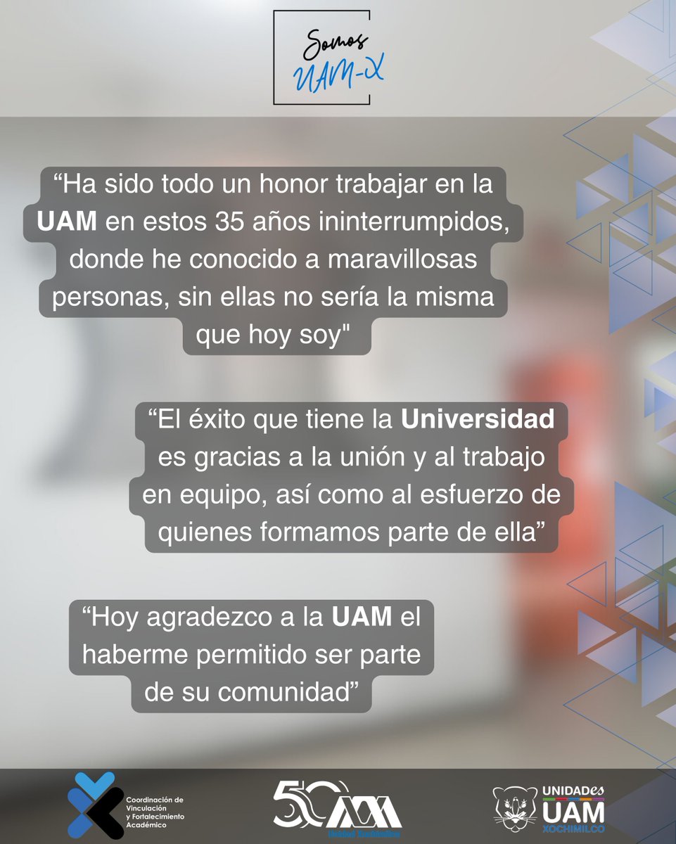Porque #somosuamx reconocemos a quienes dan vida a nuestra #CasaAbiertaAlTiempo. ¿Quieres postular a alguien para que aparezca en nuestras publicaciones de “Somos UAM-X”? envíanos un mensaje a: @vinculacionuamx #UAM #UAMX #UAM50 #UAMXochimilco #SomosUAMXochimilco