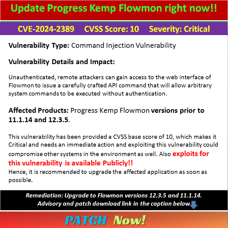 Critical: Upgrade your Progress Kemp Flowmon to mitigate CVE-2024-2389. #PatchNow

#cybersecurity
#hacked
#Cyberattack
#infosec
#CyberSecurityAwareness
#DataBreach