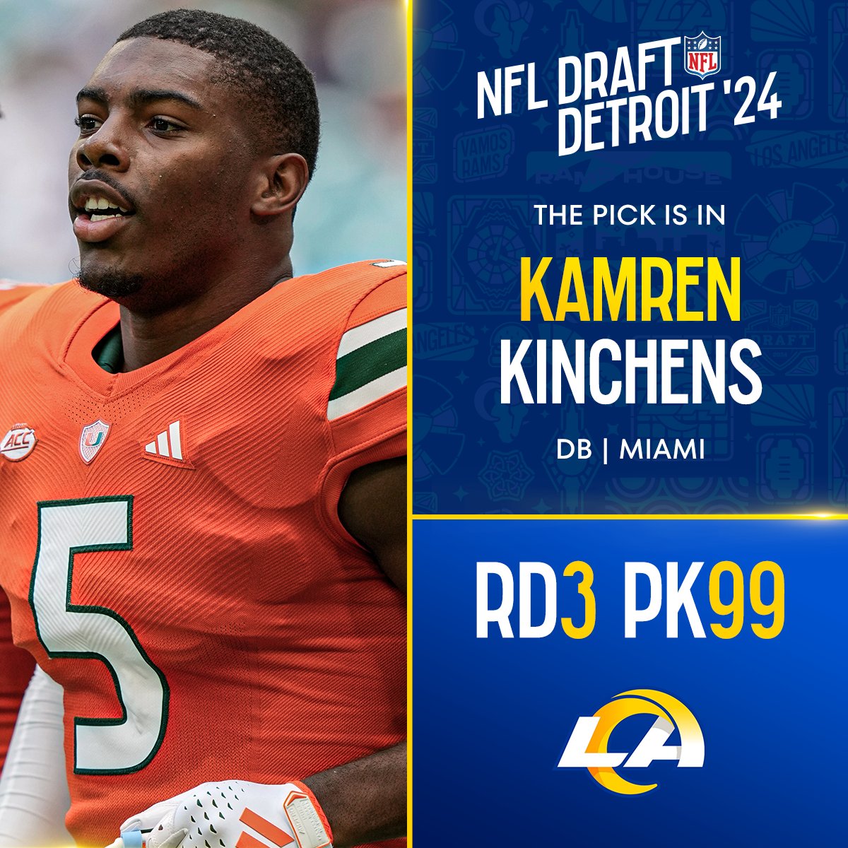 With the No. 99 overall pick in the 2024 <a href="/NFLDraft/">NFL Draft</a>, the <a href="/RamsNFL/">Los Angeles Rams</a> select Kamren Kinchens!

📺: #NFLDraft on NFLN/ESPN2/ABC
📱: Stream on #NFLPlus