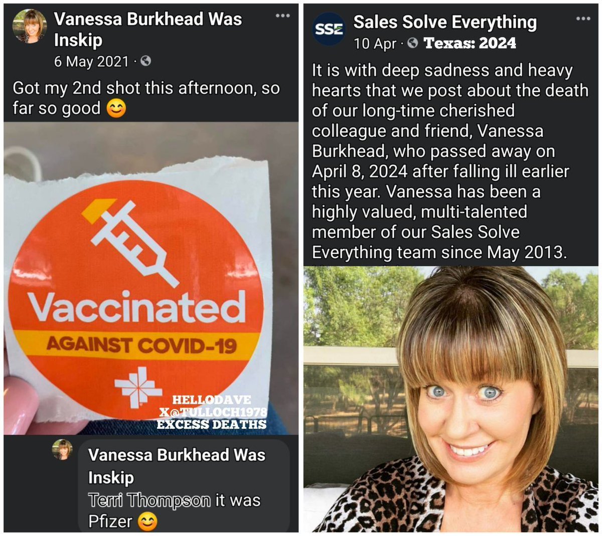 Texas: 'Got my 2nd shot this afternoon, so far so good.' 

#diedsuddenly 'It was #Pfizer'

'Death of our long-time cherished colleague and friend, Vanessa Burkhead, (53) who passed away on April 8, 2024 after falling ill earlier this year.'  

galbreaithpickard.com/obituaries/van…