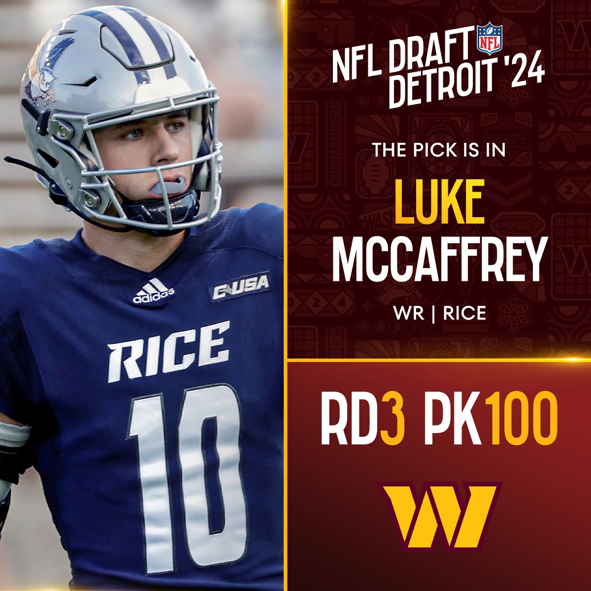 With the No. 100 overall pick in the 2024 @NFLDraft, the @Commanders select Luke McCaffrey! 📺: #NFLDraft on NFLN/ESPN2/ABC 📱: Stream on #NFLPlus