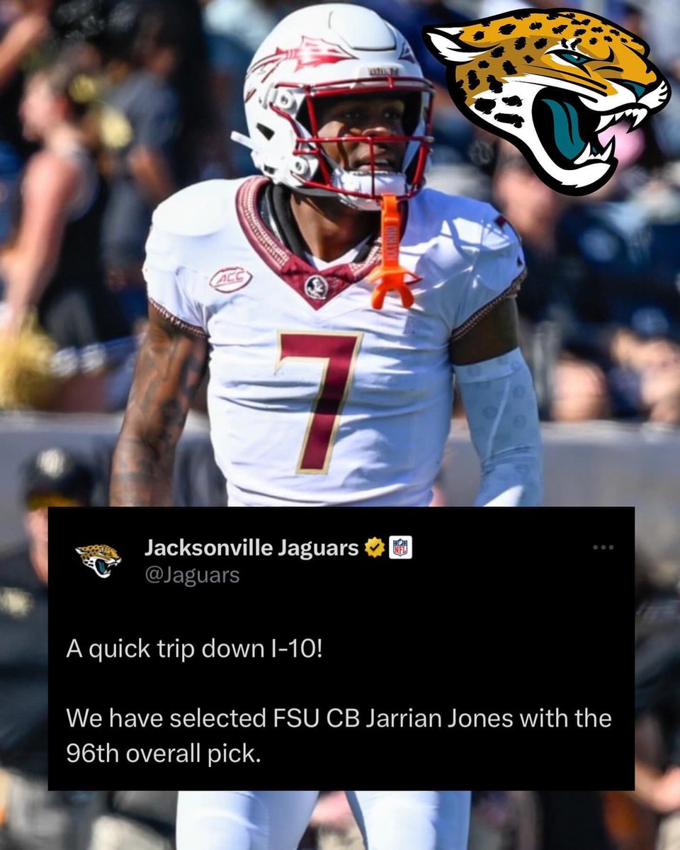 With The 96th Pick In The 2024 NFL Draft, The Jacksonville Jaguars Select @JarrianJones, CB, #FSU.🔥🍢 The Former 4🌟 Recruit Is The 300th Draft Pick In #FSU History As He Becomes The 6th Seminole To Be Selected In The Draft. (📸: Charles Mays) #GoNoles #ProNoles #KeepCLIMBing