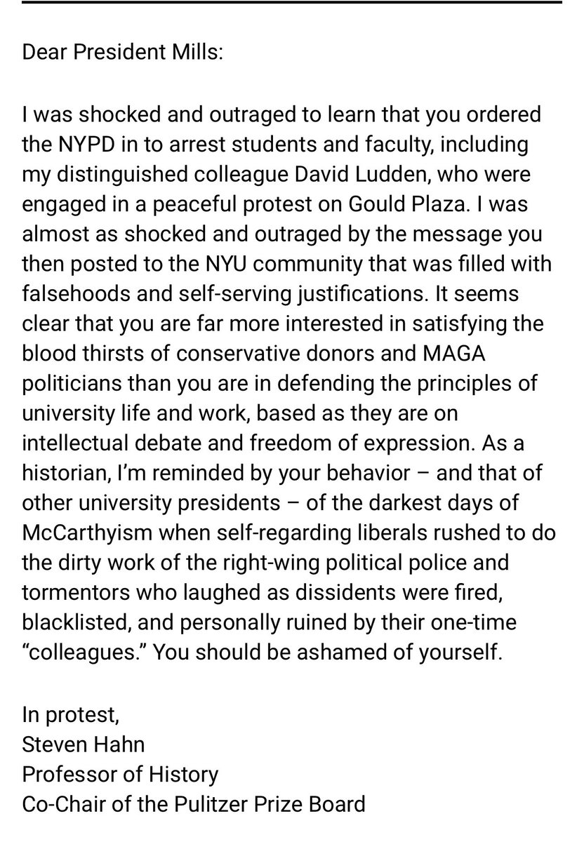 Some outstanding letters of protest here from NYU (@nyuniversity) faculty to the President and Provost, but the below from @ProfStevenHahn is pure 🔥 🔥 🔥 : facultyforpalestine.education/statements/fac…