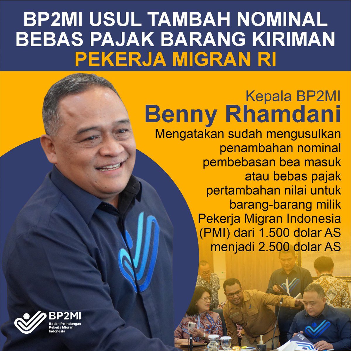 Benny Rhamdani selaku kepala BP2MI menyebutkan bahwa pihaknya telah mengajukan penambahan nominal pembebasan bea masuk atau bebas pajak pertambahan nilai untuk barang-barang PMI. @bp2mi_ri @Kepala_BP2MI #PerjuanganBP2MIUntukPMI