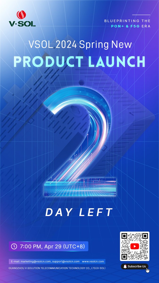 The countdown continues - ⏳⏰only 2 days until we reveal the future of connectivity at the VSOL 2024 Spring New Product Launch! See you then!👋
 #fttx #vsol #pon+ #f5g
