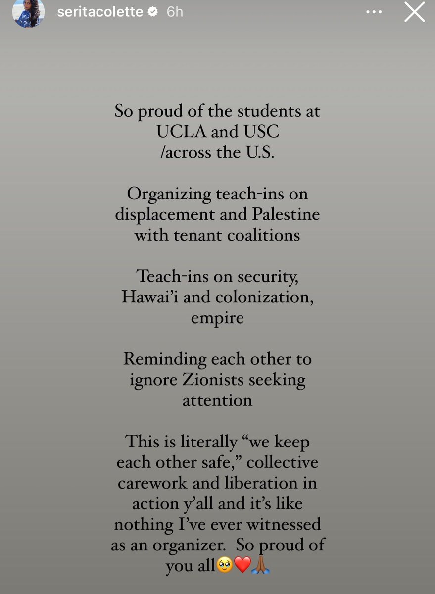 Students at UCLA & USC  are organizing teach-ins on displacement & Palestine with tenant coalitions

Teach-ins on security, Hawai'i & colonization, empire

Reminding each other to ignore Zionists

Literally 'we keep each other safe,' collective carework & liberation in action