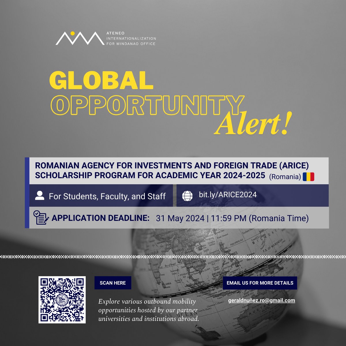 ADDU_Global's tweet photo. CALL FOR APPLICATIONS 📣 | Romanian Agency for Investments and Foreign Trade (ARICE) Scholarship Program for AY 2024-2025 https://t.co/1u4UbjzqAg